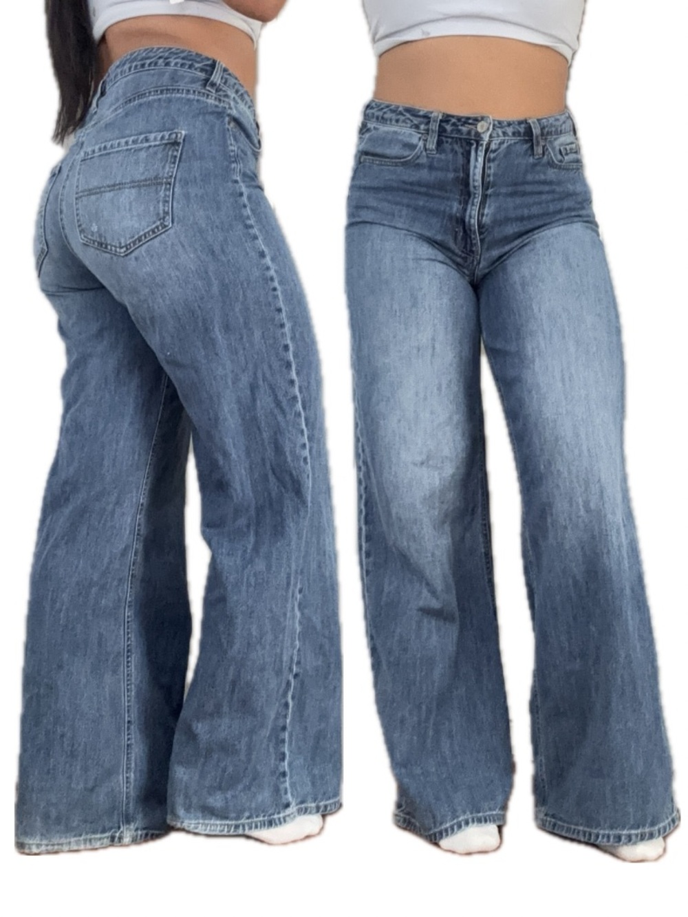 Dickies High-Rise Women's Jeans — Medium Blue with Red Logo Patch